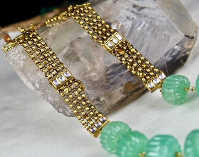 Certified Estate Natural Emerald 510ct Carved Melon Beads Diamond Gold Necklace