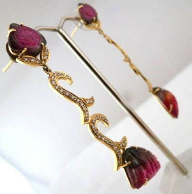 Certified Natural Multi Tourmaline 10ct Carved Leaves Diamond 18k Gold Earrings