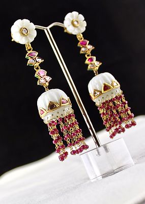 Persian Nephrite Jade 137ct 22k Gold Ruby Natural Diamond Jhumki Earrings