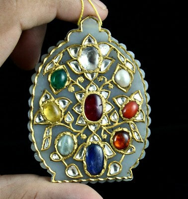 Certified Old Nephrite Jade 10ct Navratan Stone Natural Diamond 22k Gold Pendant