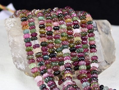 Certified Natural Multi Tourmaline Melon Carved 5 Line 828 Ct Beads Necklace