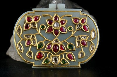 Certified Natural Diamond Mughal Nephrite Jade 10ct Gold Ruby Emerald Pendant