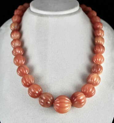 Natural Orange Aventurine 1297 Ct Carved Beaded Necklace Sterling Silver Clasp