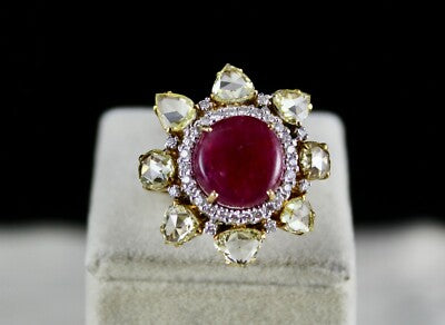 Certified Natural Burma Ruby 48ct Cabochon Natural Diamond 18k Gold Ring