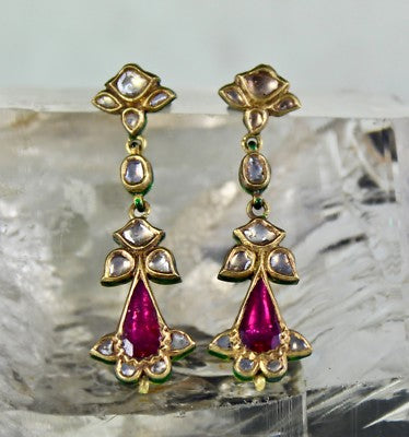 Antique 22k Gold Natural Diamond Pink Tourmaline Jadau Set 257ct Earrings