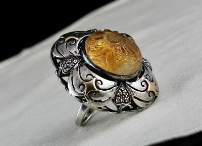 Antique Yellow Citrine 10ct Natural Diamond 18k Gold 925 Silver Victorian Ring
