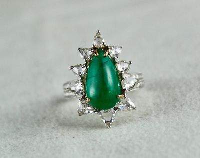 Certified Natural Emerald 33.79ct Pear Cabochon Natural Diamond 18k Gold Ring