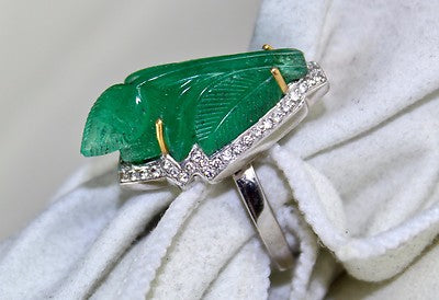 Certified Natural Emerald 10ct Leaf Carved Natural Diamond 18k Gold Antique Ring