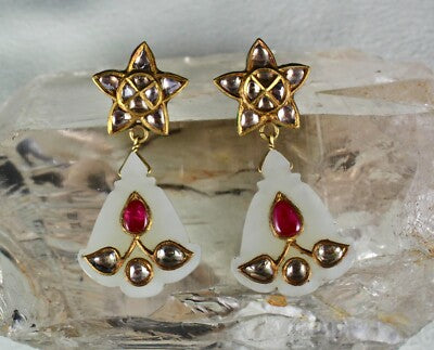 Certified Antique Nephrite Jade Ruby 53.5ct Natural Diamond 18k Gold Earrings