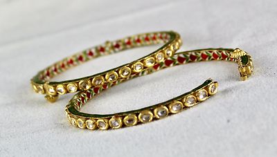 Natural Flat Diamond 40.31ct Studded 22k Gold Jadau Bangles Pair For Ladies