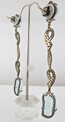 Certified 18k Gold Sterling Silver Natural Diamond Blue Aquamarine 92ct Earrings