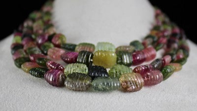 Certified Natural Multi Colour Tourmaline Carved Beads Necklace 1074 Ct Gemstone