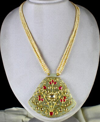 Certified Antique Nephrite Jade Ruby 10ct Natural Diamond 22k Gold Pearl Pendant