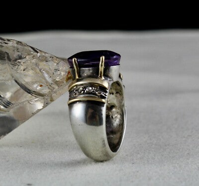 Antique Natural Amethyst 42.50ct 18k Gold Diamond Sterling Silver Victorian Ring