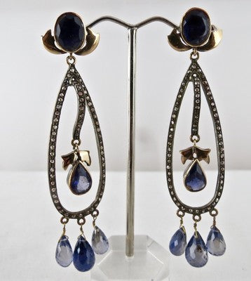 Certified Antique Natural Blue Iolite 10ct Sterling Silver & 18k Gold Earrings