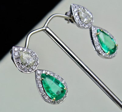 Certified Natural Zambia Emerald 54ct Natural Diamond Pear Cut 18k Gold Earrings