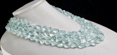 Certified Natural Blue Aquamarine Faceted Tumble Beads Necklace 1119 Ct