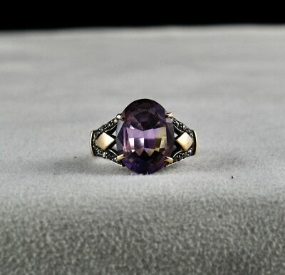 Natural Ametrine 10ct Oval Cut Natural Diamond 18k Gold Silver Vintage Ring