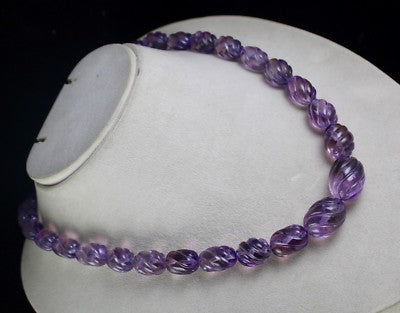 Natural Amethyst 552 Ct Beads Carved Sterling Silver Classic Necklace