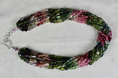 Certified Natural Multi Tourmaline 650ct Beads Cabochon Sterling Silver Necklace