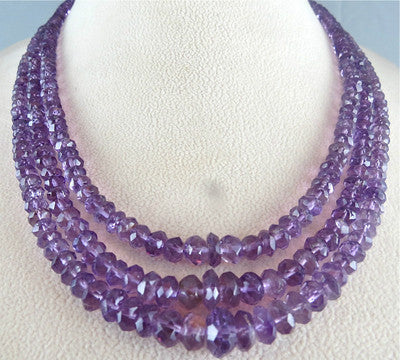Natural Amethyst Faceted Round Beads Necklace 375 Ct Gemstone Fashion 3 Line