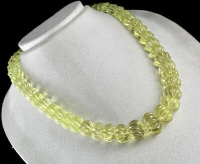 Certified Natural Lemon Quartz Carved Melon Round Beads Necklace 856 Ct Yellow