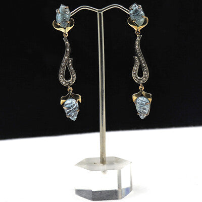 Natural Blue Aquamarine 10.00ct Carved Natural Diamond 18k Gold Silver Earrings