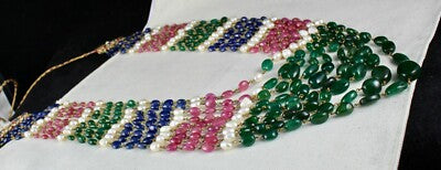 Certified Natural Ruby 976ct Blue Sapphire Emerald Pearl 18k Gold Necklace