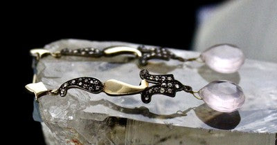 Natural Rose Quartz 10ct Tear Drops Natural Diamond 18k Gold 925 Silver Earrings