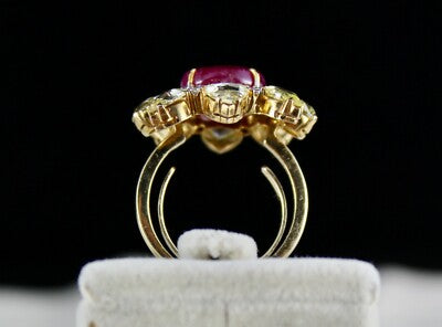 Certified Natural Burma Ruby 48ct Cabochon Natural Diamond 18k Gold Ring