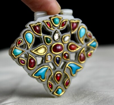 Certified Antique Persian Jade 127ct Natural Diamond 22k Gold Navratan Pendant