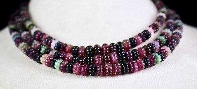 Certified Natural Multi Tourmaline 442ct Beads Melon Carved 3 Line Necklace