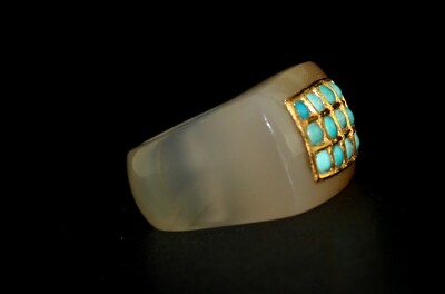 Antique Yellow Chalcedony 10ct Blue Turquoise 22k Gold Classic Ring For Women