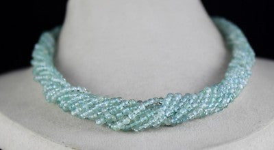Natural Blue Aquamarine 380 Ct Round Beaded Sterling Silver Necklace