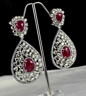 Certified Burma Ruby 200ct Natural Rose Cut Diamond 18k Gold Cocktail Earrings