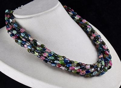 Certified Natural Multi Tourmaline Cabochon Beads Silver Necklace 985 Ct