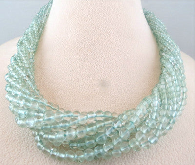 Blue Natural Aquamarine 533 Ct Round Beads Sterling Silver Necklace 10 String