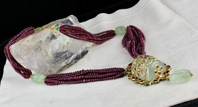 Certified Natural Emerald 10ct Ruby Beads 18k Gold Diamond Jadau Necklace