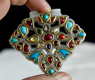 Certified Antique Persian Jade 127ct Natural Diamond 22k Gold Navratan Pendant