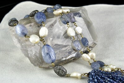 Certified Blue Sapphire 10ct Antique Pearl Natural Diamond Tassel Gold Necklace