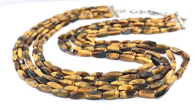 Natural Tiger Eye Beads 679 Ct Long 5 Line Gemstone Ladies Necklace