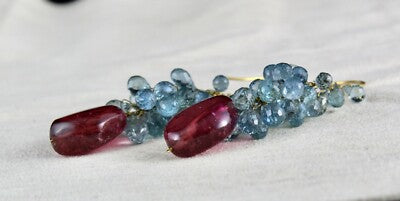 Certified Natural Aquamarine 105ct Rubellite Pink Tourmaline 18k Gold Earrings