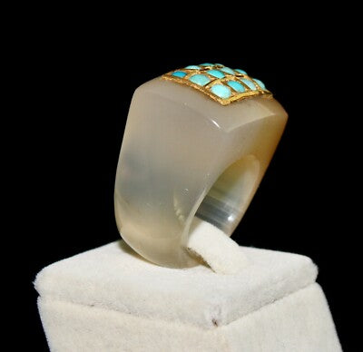 Antique Yellow Chalcedony 10ct Blue Turquoise 22k Gold Classic Ring For Women