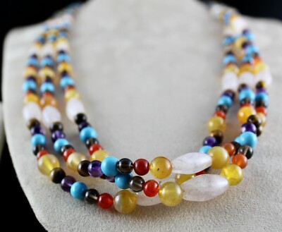 Handmade Natural Semi Precious 1077 Ct Beads 3 Line Gemstone Fashion Necklace