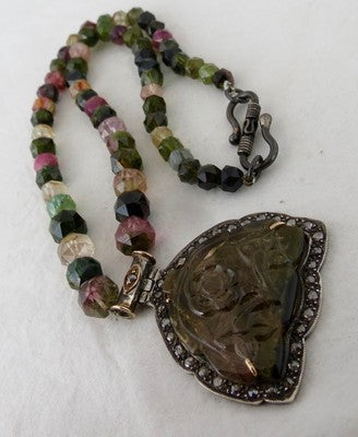 Multi Colour Tourmaline 10ct Natural Diamond Victorian Pendant Sterling Silver