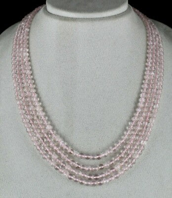 Natural Rose Quartz 432 Carats Beads Round 4 Line Fashion Pink Necklace