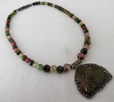 Multi Colour Tourmaline 10ct Natural Diamond Victorian Pendant Sterling Silver