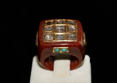 Certified Antique Orange Quartz 10ct Natural Diamond Turquoise 22k Gold Ring