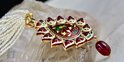 Certified Flat Big Natural Diamond 10ct Spinel Pearl 22k Gold Jadau Necklace