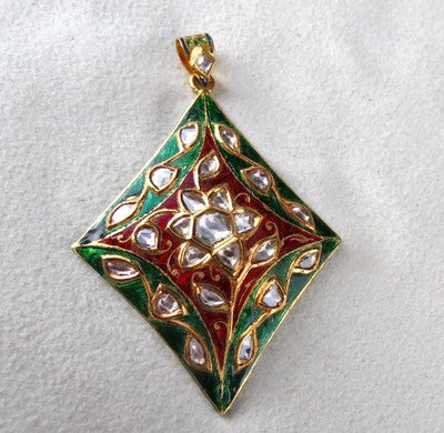 Certified Ethnic Jadau Natural Diamond 122.5ct Kundan Meena 22k Gold Pendant